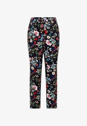 Schwarze Hose mit geradem Bein und farbenfrohem Blumenmuster in Rot-, Weiß-, Blau- und Grüntönen sowie elastischem Bund.