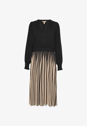 Rochie neagră cu mâneci lungi și decolteu în V. Bustul este solid negru, în timp ce fusta are un model cu dungi plisate negre și bej.