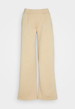 Beige wide-leg pants with a smooth texture, featuring a high waistband and two front pleats for added design detail.