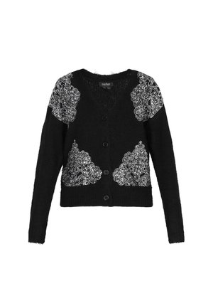 Czarny kardigan z misternym białym haftem kwiatowym na ramionach, teksturowanym materiałem i pięcioma guzikami z przodu.