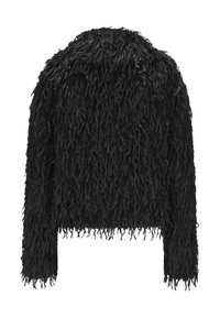 Schwarze strukturierte Jacke mit einer flauschigen, samtigen Außenseite. Sie hat lange Ärmel und einen cropped Saum mit fransigen Kanten. Hergestellt aus weichem Material.