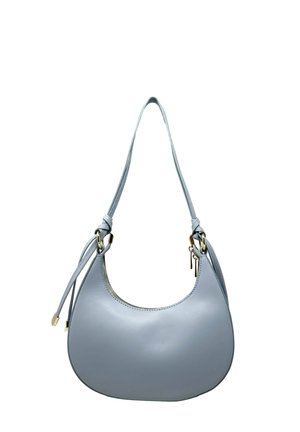Borsa in pelle blu chiaro con forma curva. Presenta una tracolla singola con finiture dorate e dettagli annodati sui lati.