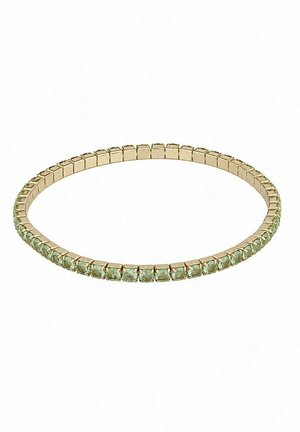 Gold tennis bracelet with square-cut light green gemstones set in a continuous line around the band.