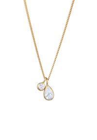 Goldene Halskette mit zwei klaren Edelsteinanhängern, einem runden und einem tropfenförmigen, eingefasst in goldene Rahmen vor weißem Hintergrund.
