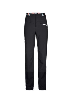 Schwarze Skihose mit sicherem Bund, Frontreißverschluss, Seitentasche und kontrastierenden Stoffdetails am Knöchel. Weicher, langlebiger Textil.
