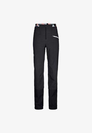 Black ski pants with a secure waistband, front zipper, side pocket, and contrasting fabric detail at the ankle. Soft, durable texture.