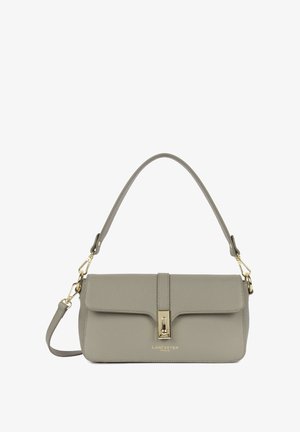 Sac à main en cuir gris au design structuré, équipé d'une fermeture à boucle en métal doré et d'une bandoulière amovible.