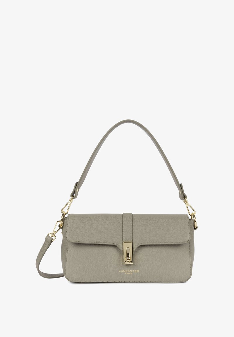 Grijze leren handtas met een gestructureerd ontwerp, voorzien van een gouden metalen sluiting en een afneembare schouderriem.