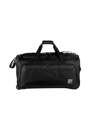 Sac de voyage à roulettes noir avec double poignée, bandoulière amovible, poche zippée à l’avant et petite étiquette de marque en bas à droite.