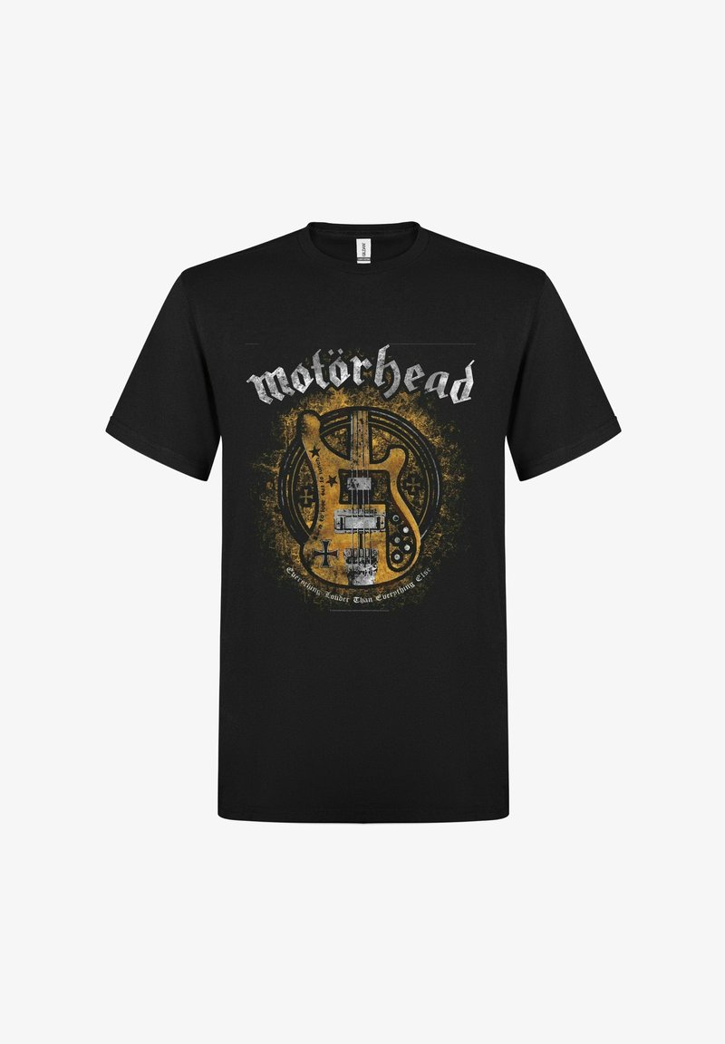 Schwarzes T-Shirt mit abgenutztem Motiv einer E-Gitarre, kreisförmigem Hintergrund, "Motörhead" Schriftzug darüber und einem Slogan darunter im Vintage-Stil.