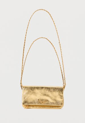 Small metallic gold leather shoulder bag with flap closure and long gold chain strap against white background.
