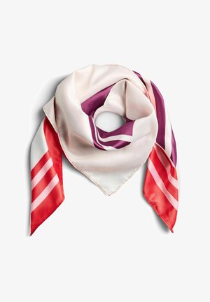 Foulard en soie plié en boucle avec des sections blanches, violettes et rouges et des motifs rayés sur fond blanc.