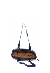Sac à main en cuir bleu marine avec poignées doubles, fermeture éclair et un intérieur en tissu beige comprenant une poche zippée et des compartiments supplémentaires.