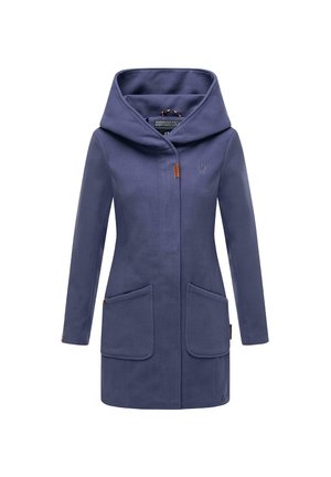 Marineblauer Fleece-Mantel mit großer Kapuze, zwei vorderen Taschen und Lederakzenten. Verfügt über einen Reißverschluss und eine weiche Textur.