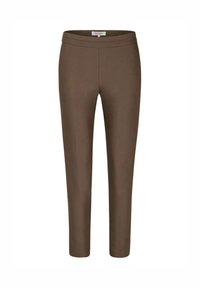 Pantalons ajustés marron en matériau lisse avec une coupe slim. Dotés d'une taille droite et sans quincaillerie ni poches visibles.