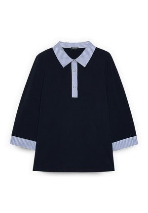 Granatowa koszula z długim rękawem z białym i niebieskim paskowanym kołnierzykiem, listwą na guziki oraz mankietami na rękawach.