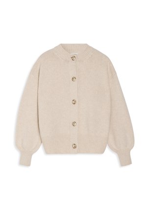 Beige cardigan van zachte brei-stof, met een ronde kraag, knoopsluiting aan de voorkant en geribbelde mouwen en onderkant.