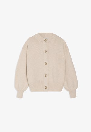 Beige cardigan laget av myk strikket stoff, med rund krage, knappestenging foran, og ribbede mansjetter og kant.