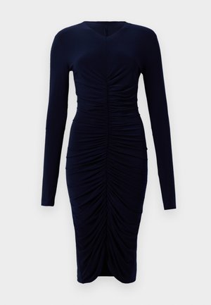 Navy long-sleeve midi dress with ruched front detailing and a subtle V-neck, fitted silhouette with gathered fabric down the center.