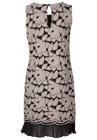 Svart ärmlös klänning med beige blommönstrad spetsöverdrag och plisserad nederkant, med en nyckelhålsumlottning och knappstängning.