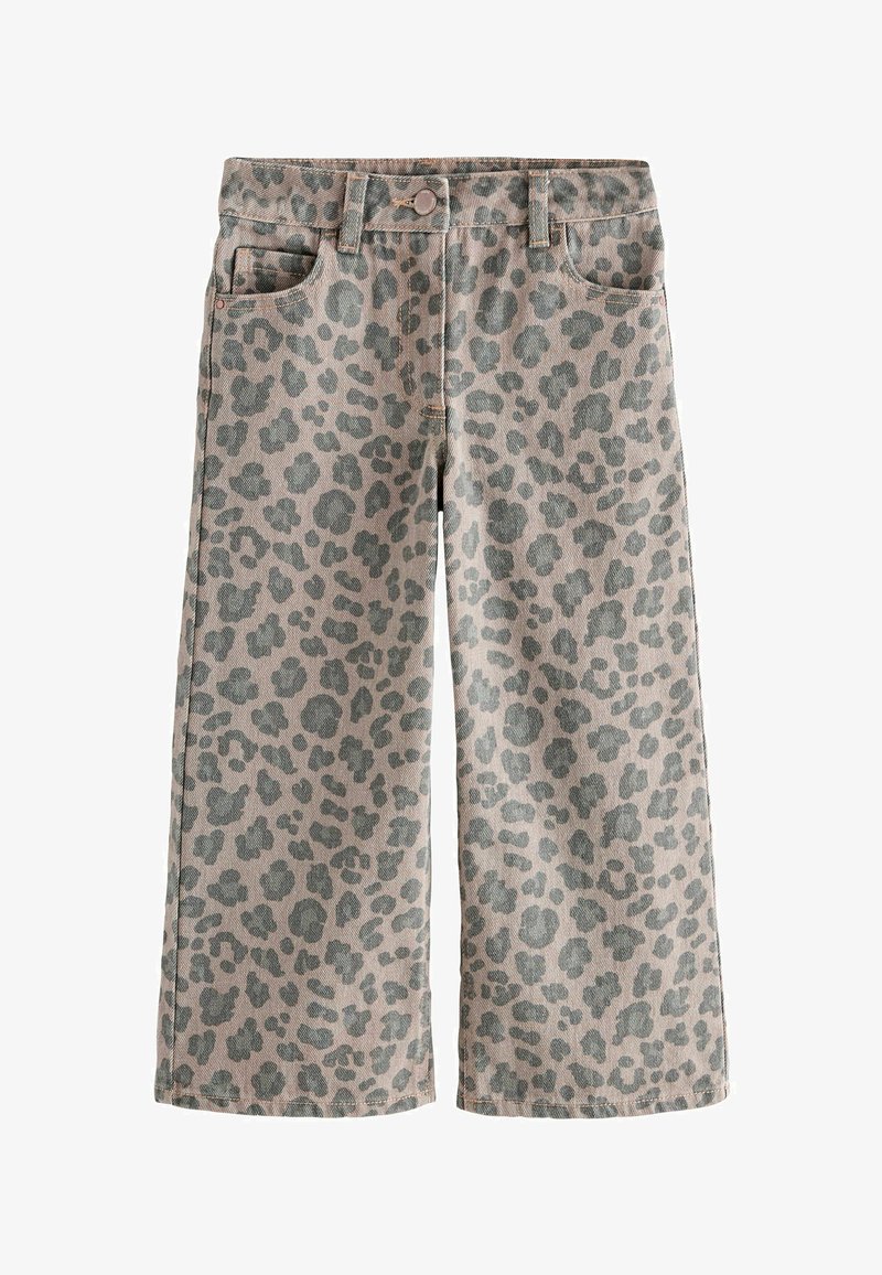 Pantalon cropped à jambes larges avec imprimé léopard gris et beige, bouton sur le devant, fermeture éclair et design à cinq poches.