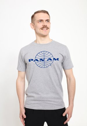 Gray cotton t-shirt featuring a blue "PAN AM" logo and globe design on the front. Short sleeves and a crew neckline.