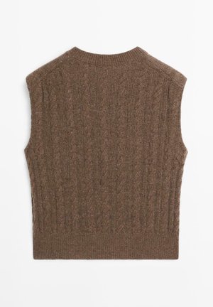 Maglione marrone senza maniche in maglia con motivo a trecce strutturato, scollo rotondo e orlo a coste. Tessuto morbido con finitura liscia.