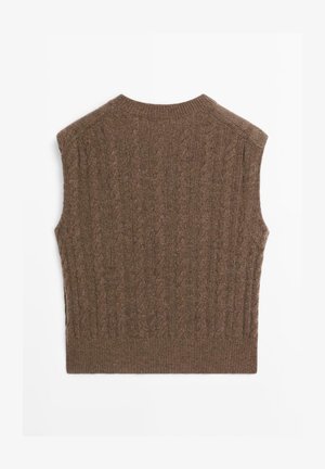 Maglione marrone senza maniche in maglia con motivo a trecce strutturato, scollo rotondo e orlo a coste. Tessuto morbido con finitura liscia.