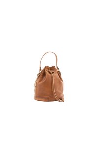 Borsa a secchiello in pelle marrone con chiusura a coulisse, forma arrotondata e dettagli in hardware dorato. Presenta una cerniera laterale per un accesso aggiuntivo.