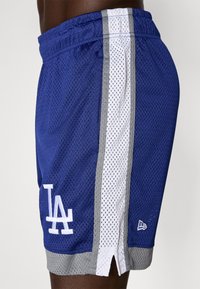 Blue mesh shorts with white and grey side stripes. Features embroidered "LA" logo. Elastic waistband and slight side slits at the hem.