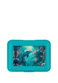 Lunch box in plastica turchese con una finestra trasparente che mostra una scena subacquea con un delfino e una barriera corallina colorata.