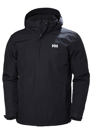 Black waterproof hooded jacket with front zipper, adjustable cuffs, and white "HH" logo on the chest.