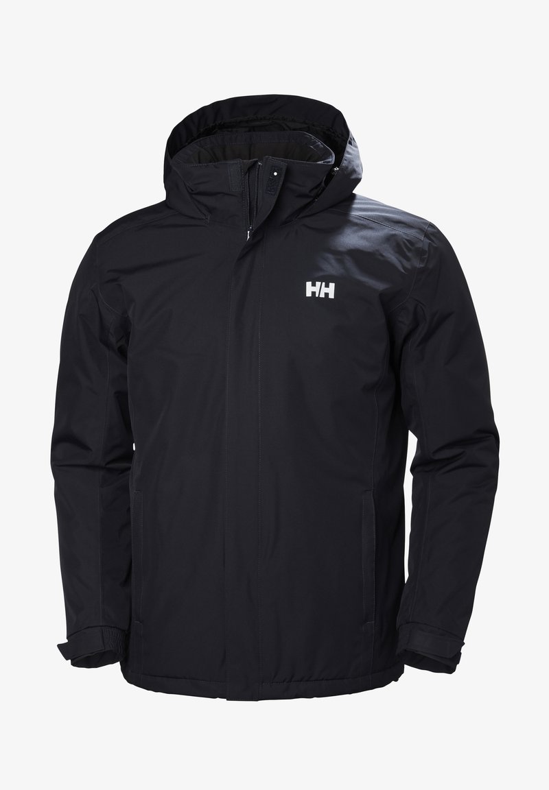 Veste à capuche noire imperméable avec fermeture éclair à l'avant, poignets ajustables et logo blanc "HH" sur la poitrine.