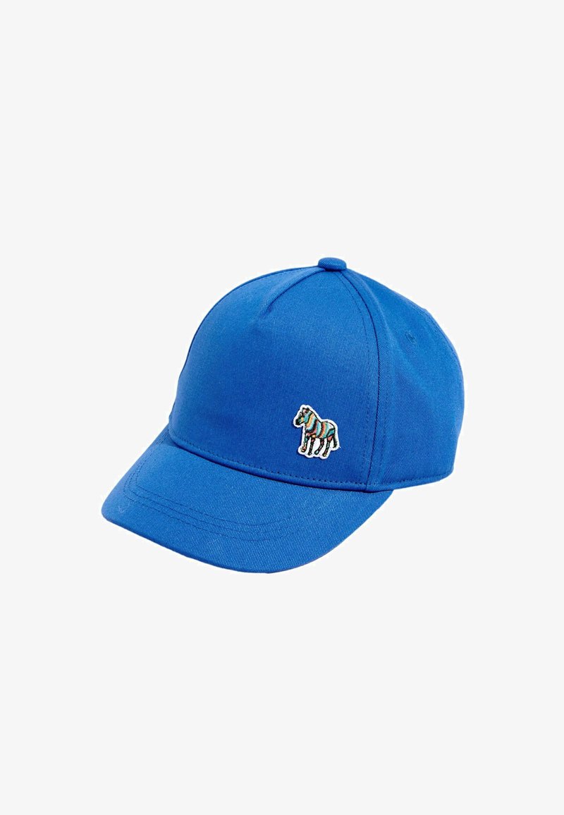 Casquette de baseball bleue avec un petit zèbre multicolore brodé sur le panneau avant gauche, fond uni.