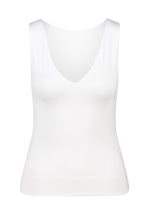 Witte mouwloze top met een V-hals, gemaakt van rekbaar materiaal. Heeft een aansluitende pasvorm en een gladde, naadloze textuur.