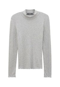 Grå långärmad topp med hög krage, ribbad textur och vågkant. Tillverkad av ett mjukt, elastiskt material. Enkel och minimalistisk design.