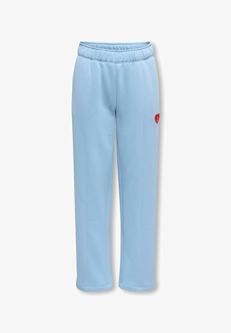Svetlomodré tepláky s elastickým pásom a malou červenou srdcovou nášivkou na hornej časti stehna, dizajn s rovnými nohavicami.