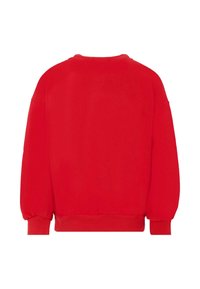 Sweat-shirt rouge uni à manches longues avec poignets et ourlet côtelés, vu de dos sur un fond blanc.