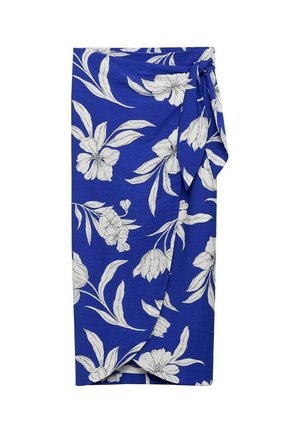Blue wrap skirt featuring white floral patterns. Made from lightweight fabric with a tie detail at the waist. Smooth texture and straight cut.