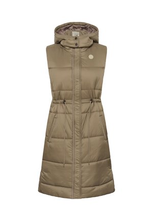 Padded bezrukávová vesta v khaki barvě s nastavitelným pasem pomocí šňůrky, zipem a patentkami, dvěma postranními kapsami a kapucí. Hladký, lesklý materiál.