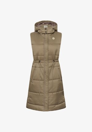 Padded bezrukávová vesta v khaki barvě s nastavitelným pasem pomocí šňůrky, zipem a patentkami, dvěma postranními kapsami a kapucí. Hladký, lesklý materiál.
