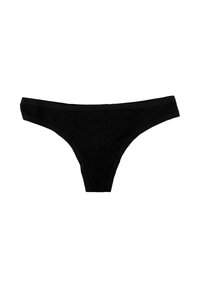 Zwarte katoenen string met een geweven structuur, dunne tailleband en minimale stofbedekking. Geen extra patronen of versieringen.