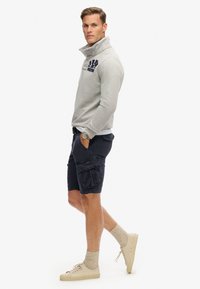 Lys grå sweatshirt med høj krave, marineblå logo detaljer, kombineret med mørke cargo shorts og beige sneakers. Har en afslappet stil.