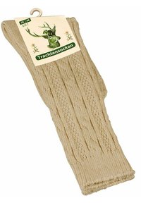 Calze di lana beige a maglia con texture a trecce, dotate di un'etichetta che mostra un'illustrazione di un cervo e la parola "Trachtensocken". Taglia 35/38.