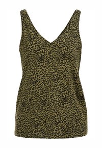 Débardeur imprimé léopard vert avec un col en V. Tissu doux, design sans manches et coupe décontractée. Des taches noires contrastent avec le fond vert.