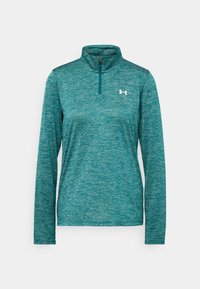 Teal långärmad sporttop i texturerat tyg, med halvdragkedja och logotyp på bröstet.