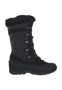Botte de neige noire avec tige en nylon matelassé, col en fausse fourrure, semelle en caoutchouc étanche et œillets métalliques avec fermeture à lacets pour un ajustement sécurisé.
