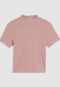 Raidallinen t-paita korkean kaula-aukon kanssa. Sisältää punaisia ja valkoisia vaakaraitoja. Lyhyet hihat, valmistettu pehmeästä puuvillakankaasta.