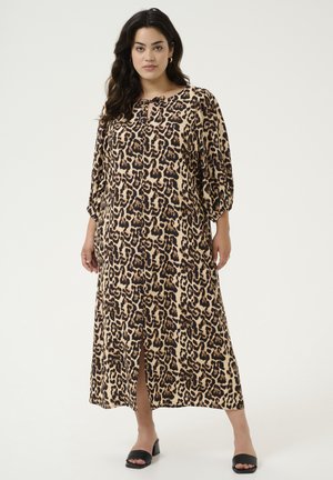 Leopardenmusterkleid in Beige und Schwarz, mit langen Ärmeln, lockerer Passform, knielangem Schlitz, leichtem Stoff, rundem Ausschnitt und Bindedetail.