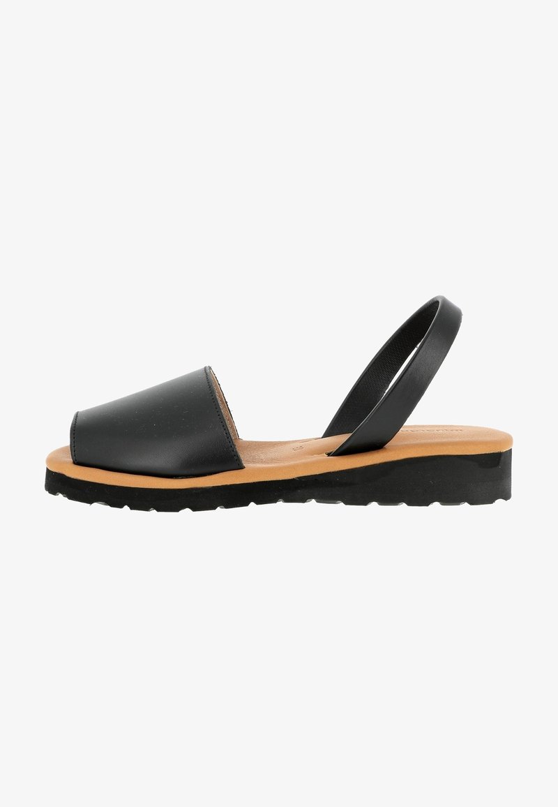 Black leather slingback sandals with a wide front strap, brown insole, and textured rubber sole for grip. Simple and flat design.